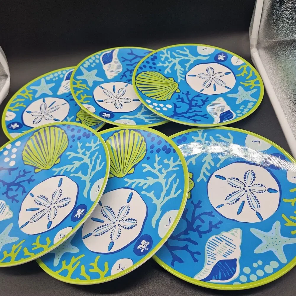 6PC Sea Life Melamine Dinner Plates Seashells Coastal Picnic Party Beach Summer